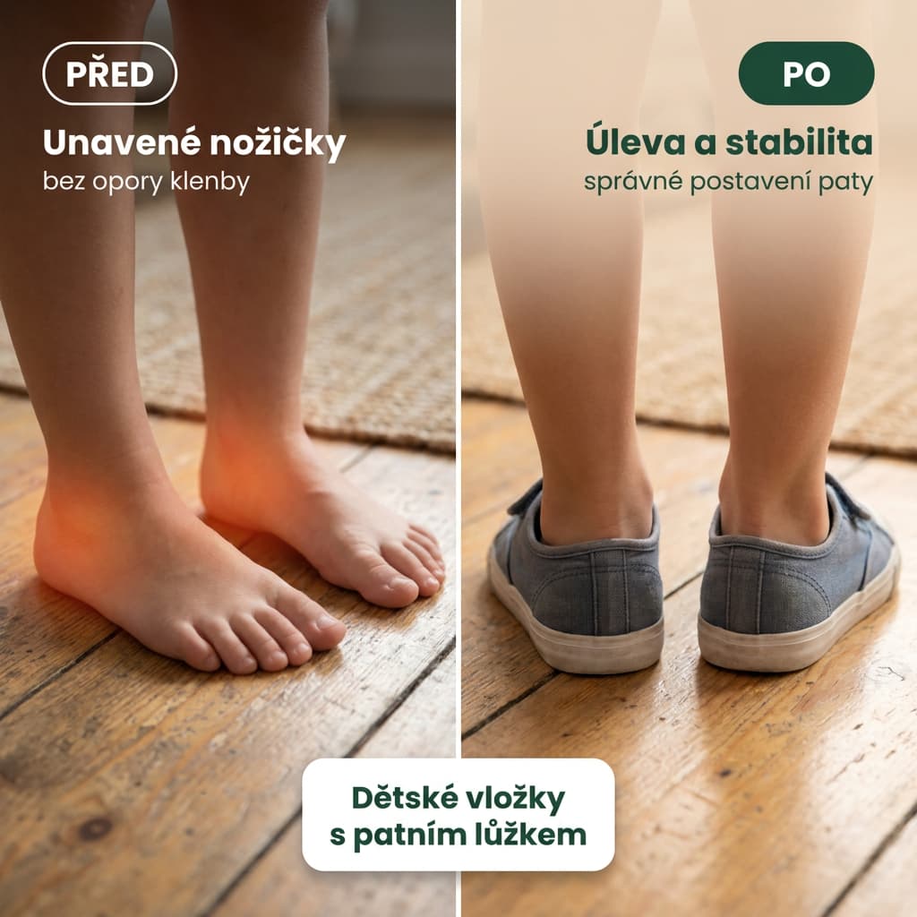 Dětské vložky s patním lůžkem pro unavené nožičky – před a po